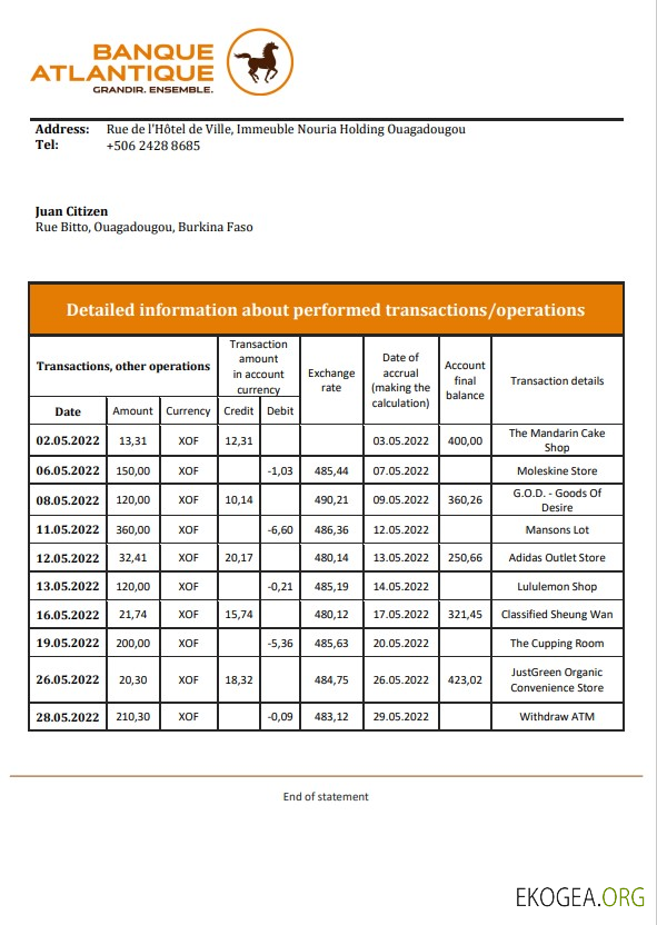 Modèle de relevé bancaire Burkina Faso Banque Atlantique, format Word et PDF